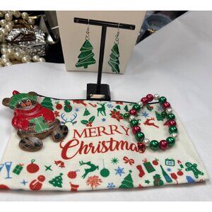 Christmas Accessories Gift Set - Merry Christmas Pouch Tree Earrings Beaded Brac